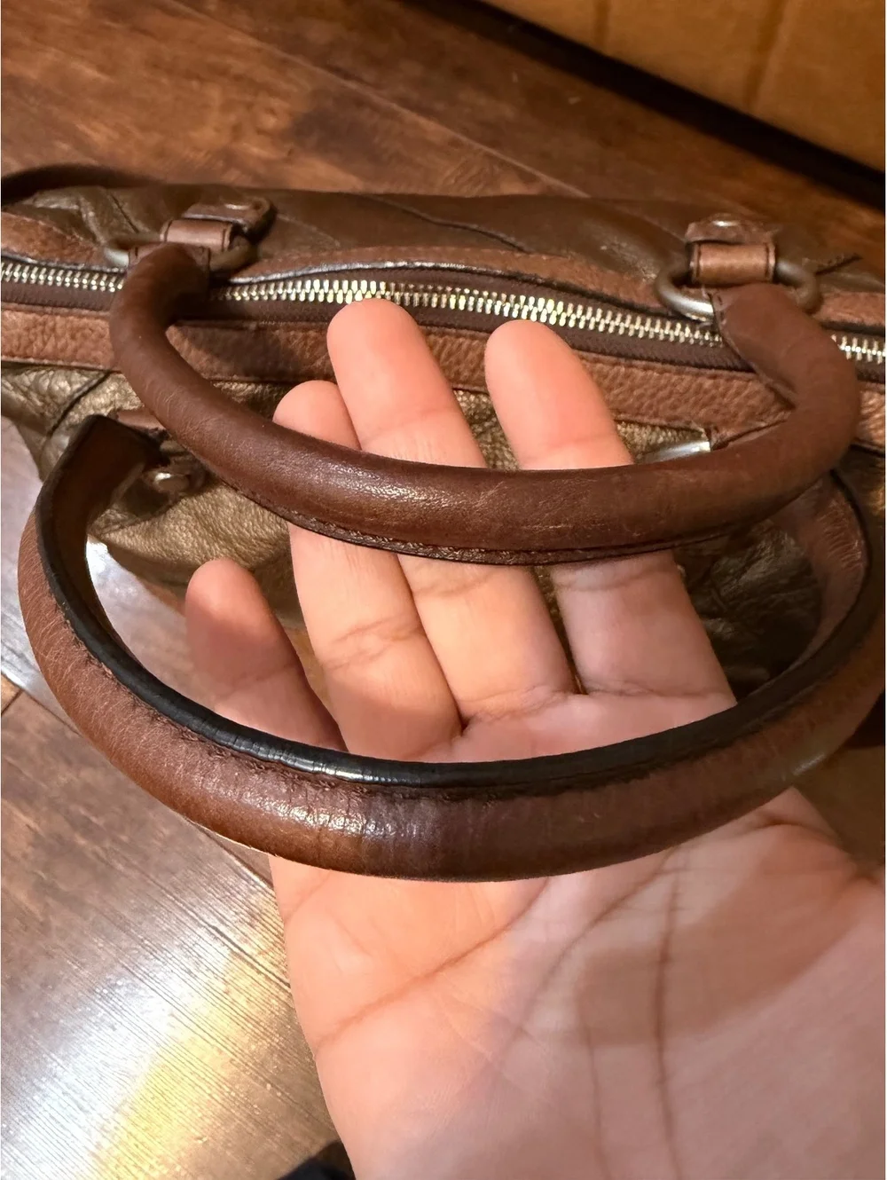 Fossil Maddox metallic aged bronze patchwork leather satchel
